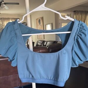 FP Movement by Free People Teal Puff Sleeve Crop Top